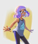  1girl artist_name black_leggings english_commentary feet_out_of_frame grey_eyes highres inkling inkling_girl leggings open_mouth pointy_ears print_shirt purple_hair seatha shirt short_hair sleeveless sleeveless_shirt smile solo splatoon_(series) teeth tentacle_hair two-tone_background white_background yellow_background 