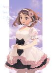  1girl black_ribbon blue_sky boku_no_hero_academia breasts brown_eyes brown_hair choker cleavage cloud collarbone dress flower frilled_dress frills hair_flower hair_ornament happy_birthday highres large_breasts looking_at_viewer open_mouth pink_dress ribbon saburou_(326xxx1) short_hair simple_background sky solo uraraka_ochako white_background writing 