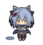  animal_ears bangs blue_gloves blue_hair blue_ribbon blue_wings blush_stickers boots character_request chibi closed_mouth commentary_request emil_chronicle_online eyebrows_visible_through_hair fishnet_legwear fishnets full_body gloves grey_footwear grey_leotard hair_between_eyes hair_ribbon leotard long_hair looking_at_viewer low_wings mask mask_on_head ribbed_leotard ribbon rinechun simple_background solo standing thighhighs translation_request white_background wings yellow_eyes 