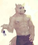 2023 abs anthro arm_tuft athletic biceps black_nose body_tuft bottomwear canid canine canis chest_tuft claws clothed clothing domestic_dog ear_piercing ear_ring eyebrows facial_tuft fur hair hand_on_side head_tuft hi_res holding_object key light lighting looking_at_viewer male mammal muscular muscular_anthro muscular_male nipples ohifura pants pecs piercing ring_piercing serratus sharp_claws shoulder_tuft simple_background solo tail tail_tuft tempting topless tuft white_body white_fur white_hair wolf
