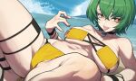  1girl abs beach bikini blue_sky breasts breasts_apart eyepatch_bikini green_hair hata4564 highres large_breasts looking_at_viewer lying navel o-ring o-ring_bottom on_back orange_eyes original shiny_skin short_hair skindentation sky solo spread_legs swimsuit tongue tongue_out wet 