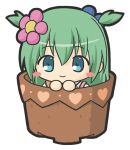  bangs blue_eyes blush_stickers chibi commentary_request emil_chronicle_online eyebrows_visible_through_hair flower green_hair hair_between_eyes hair_flower hair_ornament heart in_container in_pot looking_at_viewer pink_flower rinechun shabotan_alma simple_background solo two_side_up white_background 