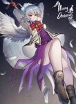  1girl ass black_footwear blush boots closed_mouth dress feathered_wings full_body grey_hair hair_between_eyes highres jacket kishin_sagume long_sleeves open_clothes open_jacket purple_dress red_eyes shishui_guima short_hair single_wing solo touhou white_jacket white_wings wings 