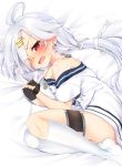  ahoge azur_lane bite_mark blush commentary dog_tags downes_(azur_lane) fang fingerless_gloves gloves hair_ribbon jewelry long_hair looking_at_viewer lying mole mole_under_eye nnyara open_mouth ponytail red_eyes ribbon single_earring solo tearing_up thighhighs white_background white_hair 