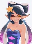  1girl artist_name bare_shoulders black_hair bow-shaped_hair breasts callie_(splatoon) cleavage collarbone dress earrings english_commentary gradient_hair highres hoop_earrings jewelry long_hair multicolored_hair one_eye_closed pink_hair pointy_ears purple_dress seatha simple_background smile solo splatoon_(series) splatoon_3 star-shaped_pupils star_(symbol) strapless strapless_dress symbol-shaped_pupils teeth tentacle_hair two-tone_hair upper_body white_background 