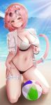  1girl absurdres animal_ears arknights ball beach beachball bikini bikini_tug black_bikini blue_sky blush braid breasts cat_ears cat_girl cleavage day eyewear_on_head floppy_ears food-themed_hair_ornament goldenglow_(arknights) goldenglow_(summer_flowers)_(arknights) hair_ornament hairclip highres jacket kallen_majnun kneeling large_breasts looking_at_viewer official_alternate_costume open_clothes open_jacket outdoors parted_lips pink-tinted_eyewear pink_hair sand see-through short_sleeves skindentation sky smile solo sunglasses sunlight swimsuit tail tail_ornament tail_ring thigh_strap thighs tinted_eyewear water watermelon_hair_ornament white_bikini white_jacket yellow_eyes 