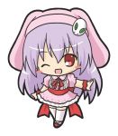  ;d animal_hat bangs blush_stickers bunny_hat chibi commentary_request dress eyebrows_visible_through_hair full_body hair_between_eyes hat long_hair looking_at_viewer one_eye_closed open_mouth original outstretched_arm pink_dress pink_hat puffy_short_sleeves puffy_sleeves purple_hair red_eyes red_footwear red_scrunchie rinechun scrunchie short_sleeves simple_background smile snow_bunny solo standing thighhighs very_long_hair white_background white_legwear wrist_scrunchie 
