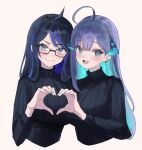  2girls ahoge blue_eyes blue_hair blush closed_mouth earrings glasses heart heart_hands jewelry kson long_hair looking_at_viewer multicolored_hair multiple_girls open_mouth purple_hair rikudou_yura rikudou_yura_(artist) simple_background smile sweater turtleneck two-tone_hair upper_body virtual_youtuber white_background 