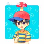  0mzum1 1boy @_@ backpack bag baseball_cap black_hair blue_background blue_shirt blush border commentary_request hair_between_eyes hand_up hat male_focus mother_(game) mother_2 mushroom mushroom_on_head ness_(mother_2) open_mouth outside_border purple_eyes ramblin&#039;_evil_mushroom red_headwear shirt short_hair short_sleeves sideways_hat simple_background solo striped striped_shirt t-shirt two-tone_shirt upper_body white_border yellow_shirt 