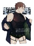  1boy bara belt beryl_gardernant black_jacket black_shirt blazer boxer_briefs brown_belt brown_hair closed_mouth collarbone covered_abs facial_hair formal goatee green_eyes green_male_underwear hands_in_pockets highres indietro_verde jacket katainaka_no_ossan_kensei_ni_naru looking_to_the_side male_focus male_underwear mature_male multicolored_hair muscular muscular_male no_pants open_clothes open_jacket pectorals removing_jacket shirt shirt_garters sidepec simple_background skindentation sleeveless solo steaming_body stubble suit turtleneck two-tone_hair underwear white_hair 