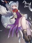  1girl ass black_footwear blush boots closed_mouth dress feathered_wings full_body grey_hair hair_between_eyes highres jacket kishin_sagume long_sleeves open_clothes open_jacket purple_dress red_eyes shishui_guima short_hair single_wing solo touhou white_jacket white_wings wings 