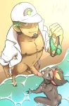  2boys ass barefoot beach cheating erection fellatio glasses hat kyon_(artist) licking male_focus multicolored_hair multiple_boys naughty_face nude ocean penis pokemon pokemon_sm sand smile swimwear tattoo tongue tongue_out undressing water yaoi 