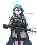  1girl absurdly_long_hair aqua_halo aris_(blue_archive) assault_rifle black_hair blue_archive blue_eyes bright_pupils gun highres holding holding_gun holding_weapon kamigumo long_hair looking_at_viewer rifle simple_background square_halo standing very_long_hair weapon white_background white_pupils 