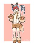  1girl alternate_costume blush breasts cosplay eevee eevee_(cosplay) fur-trimmed_collar fur_trim glasses highres navel penny_(pokemon) pokemon pokemon_ears pokemon_sv pokemon_tail rttnlich short_hair shorts small_breasts solo standing suspenders tail 