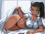  1girl bed_invitation black_hair black_panties breasts collarbone covered_nipples dark-skinned_female dark_skin freckles green_hair grin hair_pulled_back highres large_breasts lifting_covers long_hair looking_at_viewer lying multicolored_hair navel nemona_(pokemon) on_bed orange_eyes panties pokemon pokemon_sv ponytail pov_across_bed rakeemspoon shirt sketch smile solo streaked_hair underwear white_shirt wide_hips 