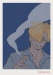  1boy blonde_hair blue_border blue_eyes blue_shirt border cigarette colored_skin curly_hair dated errrrrliao_ge_ai goat hair_over_one_eye highres holding holding_cigarette looking_at_viewer male_focus one_piece parted_lips patterned_clothing sanji_(one_piece) shirt simple_background smile smoke solo white_background white_skin 