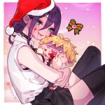  1boy 1girl bare_shoulders black_choker black_hair black_necktie black_ribbon black_shorts black_thighhighs blonde_hair blood blood_from_mouth blood_on_face chainsaw_man choker christmas closed_mouth collared_shirt denji_(chainsaw_man) english_commentary green_eyes hair_between_eyes hair_bun hat highres hug instagram_username lianbiglian looking_at_viewer mini_person miniboy neck_ribbon necktie open_mouth reze_(chainsaw_man) ribbon santa_hat sharp_teeth shirt shorts sidelocks single_hair_bun sitting size_difference sleeveless sleeveless_shirt smile teeth thighhighs tongue tongue_out white_shirt 