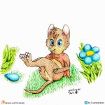1:1 butt butt_grab cute_expression cute_eyes don_bluth female feral flower fur grass hand_on_butt hi_res legs_together mammal mrs._brisby patreon pawpads paws plant rodent shy smile solo spread_legs spreading tail text the_secret_of_nimh tongue url yordraw