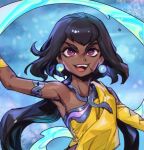  1girl :d black_hair blue_background dark-skinned_female dark_skin dress earrings hand_up jewelry league_of_legends long_hair nilah_(league_of_legends) phantom_ix_row red_eyes single_bare_shoulder smile solo teeth tongue upper_teeth_only yellow_dress 