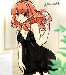  alternate_costume bare_shoulders blush breasts celica_(fire_emblem) cleavage cowboy_shot fire_emblem fire_emblem_echoes:_mou_hitori_no_eiyuuou hairband hand_in_hair lingerie long_hair looking_at_viewer medium_breasts negligee open_mouth orange_eyes orange_hair solo twitter_username underwear yukia_(firstaid0) 