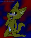  anthro balls blue-rum blush canine erection fangs fluffy fox gregg_(nitw) male mammal night_in_the_woods nude paws penis solo tongue video_games watermark 