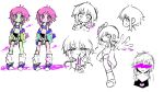  1girl aqua_jacket bandage_on_leg blood blood_on_face blood_on_hands blood_on_knife blood_on_leg colored_skin concept_art green_jacket green_skin heart heart-shaped_pupils jacket knife messy_hair moe_shop multiple_views pink_blood pink_hair pink_skin purple_footwear purple_tank_top short_hair sketch socks solo symbol-shaped_pupils tank_top white_background wotoha 