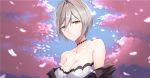  akatsuki_suzumi ballista_(girls_frontline) bangs bare_arms bare_shoulders black_jacket blouse blue_sky blush breasts brown_eyes cherry_blossoms choker cleavage closed_mouth collarbone commentary_request expressionless eyebrows_visible_through_hair girls_frontline half-closed_eyes highres jacket large_breasts looking_at_viewer off_shoulder petals sidelocks sky solo wind 