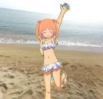  1girl annoyed arm_up armpits bare_shoulders beach bikini bikini_skirt blush child collarbone eyes_closed female flat_chest frill frilled_bikini hair_ornament hair_ribbon harusaki_chiwa horizon leg_up legs loli midriff navel ocean orange_hair ore_no_kanojo_to_osananajimi_ga_shuraba_sugiru outstretched_hand ribbon sandals short_hair solo standing_on_one_leg star_print twintails water 