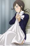  1girl black_hair bottomless character_request closed_mouth haruyama_kazunori long_hair nose panties pillow solo underwear white_panties 