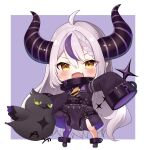  1girl ahoge bird black_coat border braid chibi coat commentary demon_girl demon_horns eyelashes fang grey_hair hololive horns la+_darknesss long_hair looking_at_viewer multicolored_hair open_mouth outstretched_arms purple_hair purple_thighhighs side_braid simple_background single_thighhigh skin_fang sleeves_past_fingers sleeves_past_wrists smile solo standing streaked_hair thighhighs usushio v-shaped_eyebrows very_long_hair virtual_youtuber white_border yellow_eyes 