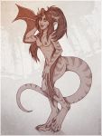 anthro breasts claws digitigrade dragon drpickelle female hair horn looking_at_viewer membranous_wings monochrome navel nipples nude ponytail smile solo striped_scales toe_claws wings wyvern 