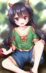  1girl :d black_hair bloomers blue_shorts breasts cleavage collarbone commentary_request green_shirt highres horns long_hair looking_at_viewer nippaku_zanmu open_mouth red_eyes ruu_(tksymkw) shirt shorts sitting smile solo touhou 