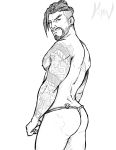  1boy ass bara beard hanzo_(overwatch) kyon_(artist) male_focus muscle overwatch piercing presenting sketch smirk solo tattoo topless underwear 