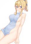 1girl blonde_hair blue_bow blue_eyes blush bow breasts closed_mouth commentary covered_nipples covering_privates genshin_impact groin hair_between_eyes hair_bow jean_(genshin_impact) large_breasts long_hair nezunayu nude_cover ponytail sideboob sidelocks solo thighs white_background 