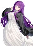  1girl black_coat blunt_bangs blush breasts closed_mouth coat commentary_request dress fern_(sousou_no_frieren) hand_up highres large_breasts long_hair long_sleeves looking_at_viewer open_clothes open_coat purple_eyes purple_hair ririko_(zhuoyandesailaer) sidelocks simple_background solo sousou_no_frieren very_long_hair white_background white_dress 
