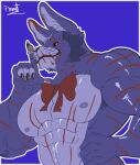 abs accessory anthro arm_tuft armpit_hair barazoku beard biceps black_claws body_hair bow_accessory bow_ribbon claws facial_hair five_nights_at_freddy&#039;s five_nights_at_freddy&#039;s_4 fur hi_res lagomorph leporid long_ears male male/male mammal multicolored_body multicolored_fur muscular muscular_anthro muscular_male nightmare_bonnie_(fnaf) nipples paws pecs perspective pinumontbalou purple_eyes rabbit scar scottgames smile smiling_at_viewer tuft whiskers