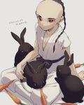  1boy animal animal_on_lap black_hair black_rabbit_(animal) blush braid brown_eyes carrot closed_mouth dated dougi earrings forehead gold_earrings grey_background jewelry long_hair male_focus mother_(game) mother_2 on_lap pectoral_cleavage pectorals poo_(mother_2) rabbit shifumame short_sleeves solo sweatdrop translation_request 