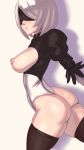  1girl android ass blindfold breasts feather-trimmed_sleeves from_behind gloves leotard long_sleeves looking_back nier_(series) nier_automata playzholder puffy_sleeves short_hair silver_hair simple_background stockings thighhighs white_leotard yorha_no._2_type_b 