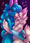 absurd_res anthro biped blue_body blush breasts canid canine dimwitdog duo eyelashes female female/female french_kissing fur hair hi_res kissing mammal nude pupils tongue tongue_out