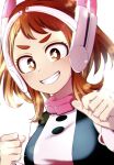  1girl blush boku_no_hero_academia bright_pupils brown_eyes brown_hair clenched_hands close-up headgear highres lens_flare light looking_at_viewer short_hair simple_background smile solo teeth tight_clothes tooshiro10 uraraka_ochako white_background white_pupils 