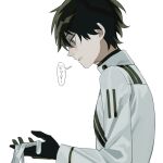  1boy 877au_lait black_gloves black_hair blue_eyes crying crying_with_eyes_open fate/grand_order fate_(series) from_side fujimaru_ritsuka_(male) fujimaru_ritsuka_(male)_(decisive_battle_chaldea_uniform) gloves holding holding_clothes holding_gloves long_sleeves looking_down male_focus open_mouth shirt short_hair simple_background solo speech_bubble tears translated white_background white_gloves white_shirt 