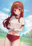  1girl ass_visible_through_thighs blush bra_visible_through_clothes breasts brown_hair buruma c_(theta) cameltoe gym_shirt gym_uniform hairband highres idolmaster idolmaster_million_live! long_hair looking_at_viewer medium_breasts midriff navel outdoors red_buruma red_eyes shirt short_sleeves smile solo stomach straight_hair tanaka_kotoha thigh_gap very_long_hair yellow_hairband 