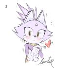  1girl animal_ears arrow_through_heart blaze_the_cat blush cat_ears cat_girl forehead_jewel fur-trimmed_gloves fur_trim furry furry_female gloves heart highres ponytail purple_fur simple_background sketch softyleonita sonic_(series) white_background white_gloves yellow_eyes 