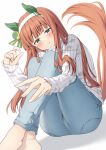  1girl absurdres animal_ears barefoot blush denim ear_covers green_eyes hairband highres hime_cut horse_ears horse_girl horse_tail jeans knees_up legs long_hair long_sleeves looking_at_viewer orange_hair pants puffy_short_sleeves puffy_sleeves ribbed_sweater short_sleeves silence_suzuka_(umamusume) simple_background sitting smile solo sweater tail twitter_username umamusume white_background white_hairband white_sweater yamano_rokamizu 