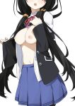  1girl black_bra black_hair blue_skirt bra bra_lift breasts cleavage date_a_live head_out_of_frame highres large_breasts long_hair morisobo nipples open_clothes open_mouth open_shirt paid_reward_available red_ribbon ribbon school_uniform shirt simple_background skirt solo teeth tokisaki_kurumi tongue twintails underwear upper_teeth_only very_long_hair white_background white_shirt 
