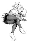  1girl absurdres barefoot blue_archive blush commentary_request feet full_body gloves greyscale hairband halo hayashi_itsuki highres himari_(blue_archive) legs long_hair long_sleeves looking_at_viewer lying monochrome on_side pants pointy_ears simple_background toenails toes white_background 