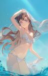  1girl absurdres arm_up armpits bikini blue_sky breasts brown_hair chinese_commentary cleavage collarbone commentary cowboy_shot frilled_bikini frills highres holding holding_clothes in_water long_hair looking_at_viewer looking_down medium_breasts meitantei_conan mouri_ran navel nzk parted_hair purple_eyes rainbow sky smile solo splashing stomach swimsuit underboob unworn_clothes veil very_long_hair wading water wavy_hair white_bikini 