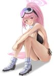  1girl bare_arms bare_legs bare_shoulders bikini black_bikini blue_archive boots eimi_(blue_archive) eimi_(swimsuit)_(blue_archive) goggles goggles_on_head halo highres looking_at_viewer mg42cat-k1ng open_mouth pink_eyes pink_hair pink_halo ponytail scarf smile solo swimsuit white_footwear white_scarf 