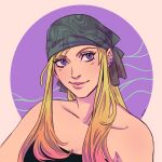  1girl bandana blonde_hair circle earrings ellie_mehl english_commentary fullmetal_alchemist highres jewelry looking_to_the_side purple_background sidelocks simple_background smile solo winry_rockbell 