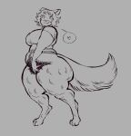 &lt;3 anthro blush blush_lines body_hair bottomless bottomless_anthro bottomless_female canid canine clothed clothing fangs female grey_background greyscale half-closed_eyes happy_trail mammal monochrome narrowed_eyes pepper_(wonderslug) pubes shirt simple_background smile t-shirt teeth thick_thighs topwear were werecanid werecanine werewolf wide_hips wonderslug